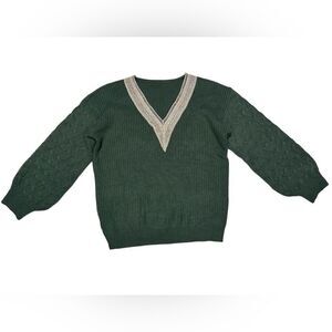 Dark Green V-neck Sweater Balloon Sleeves Gold Trim Vneck Jumper Fall Winter